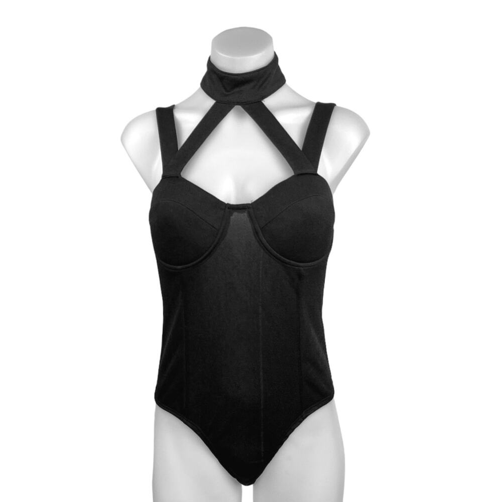 Fashion Nova Black Sleeveless Cut-out Halter Mock Neck Cami Tank Bodysuit Top S